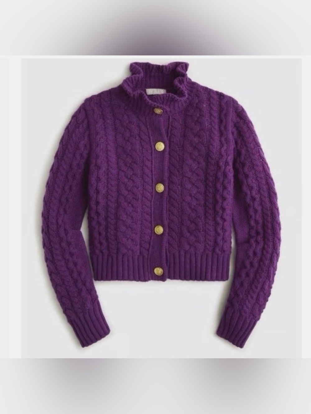 J.Crew Cable-Knit Ruffleneck Cardigan Sweater in Heather Grape